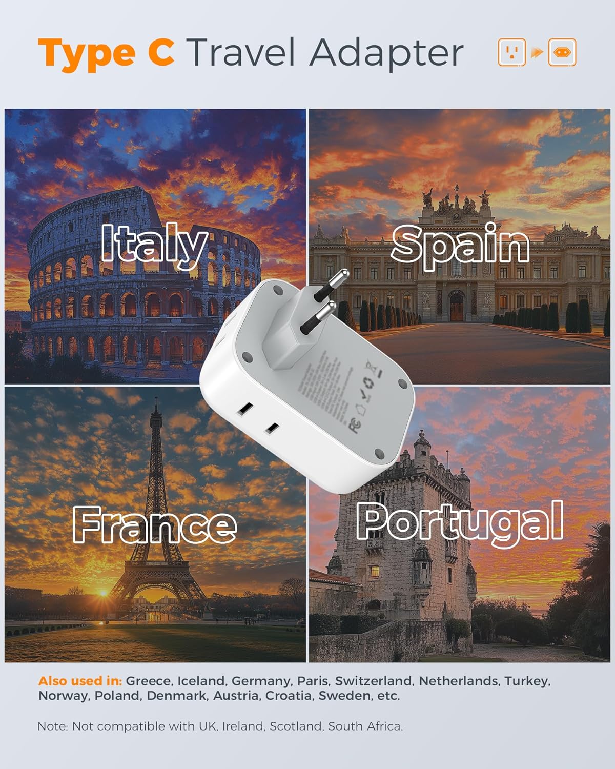 2 Pack European Travel Plug Adapter - Image 2